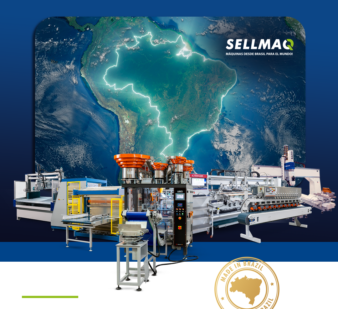 Maquinas Sellmaq frente a un mapa de América Latina.